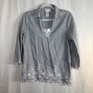 Alfred Dunner Striped  Top Size 10 Blue White Embroidered Trim 3/4 Sleeve